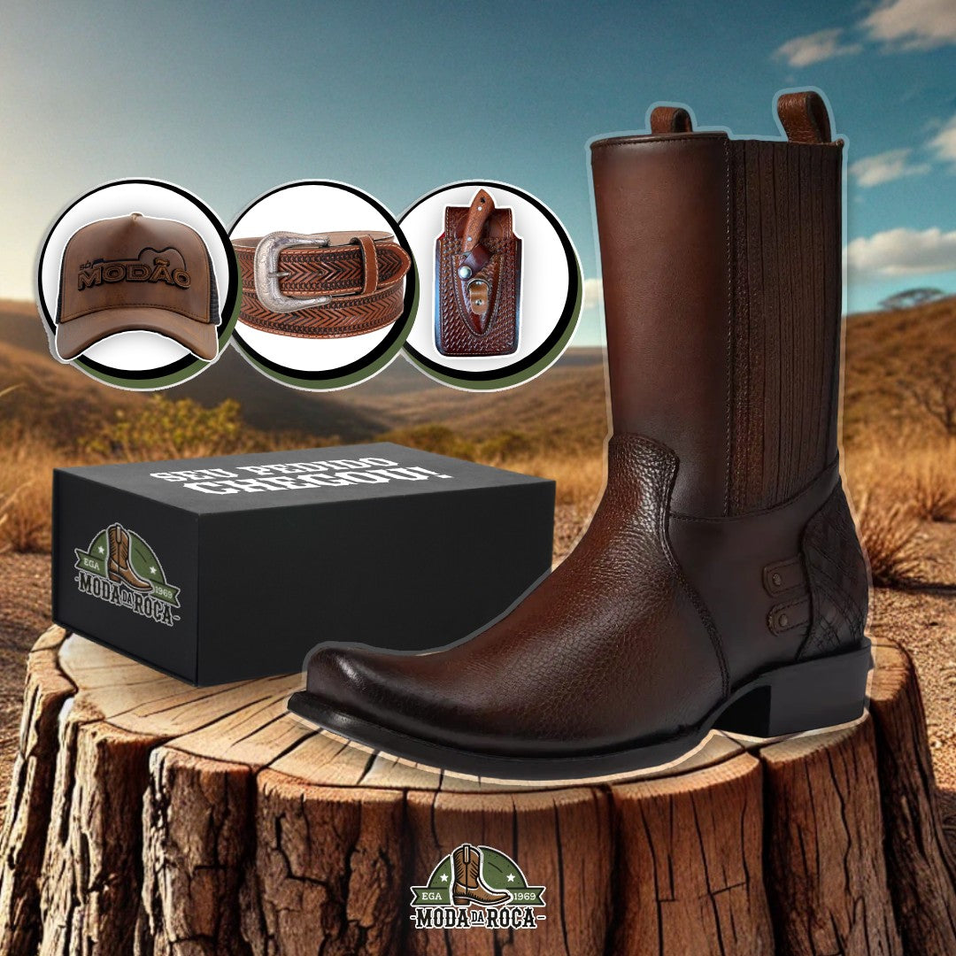 Kit Bota Maverick 2.0 Masculino de Couro Robusto + 3 BRINDES: Cinto, Chapéu e Carteira