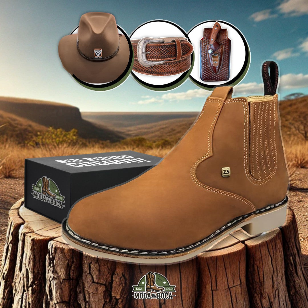 Kit Bota Texas 2.0 Masculina Ortopédica de Couro Robusto + 3 BRINDES: Chapéu, Cinto e Faca