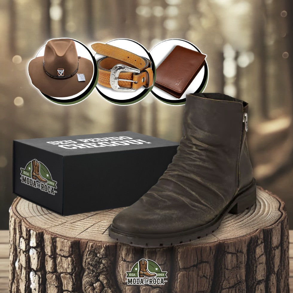 Kit Bota Renegade Masculina em Couro Robusto e Sofisticado + BRINDES: Chapéu, Carteira e Cinto