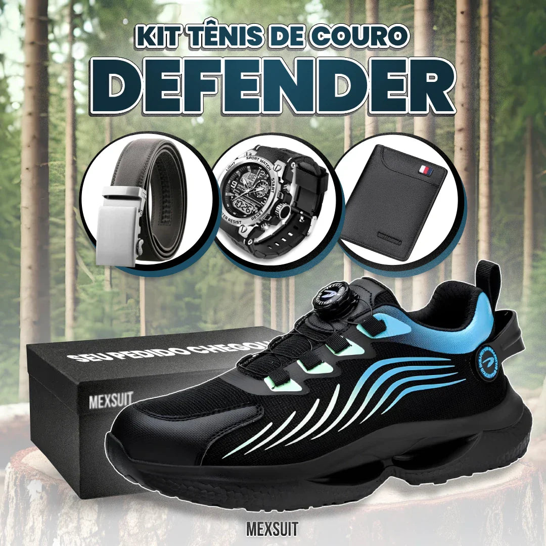 Kit Tênis Defender Militar Masculino de Couro Genuíno + 3 BRINDES: Cinto, Relógio e Carteira