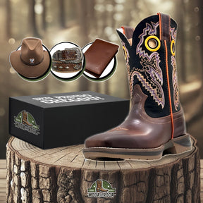 Kit Bota Ortopédica Masculina Country 2.0 em Couro Legítimo + BRINDES: Chapéu, Cinto e Carteira