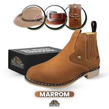 Kit Bota Texas Masculina Ortopédica de Couro Legítimo + 3 BRINDES: Chapéu, Cinto e Capinha