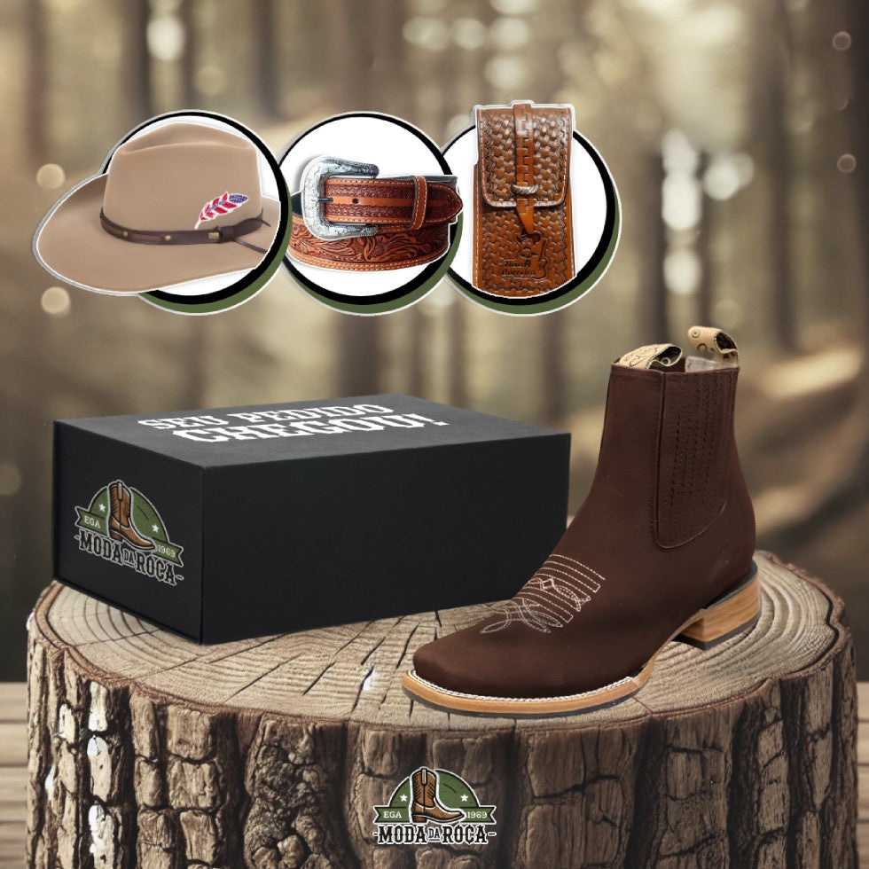 Kit Bota Country Masculino de Couro Legítimo + 3 BRINDES: Cinto, Chapéu e Capinha